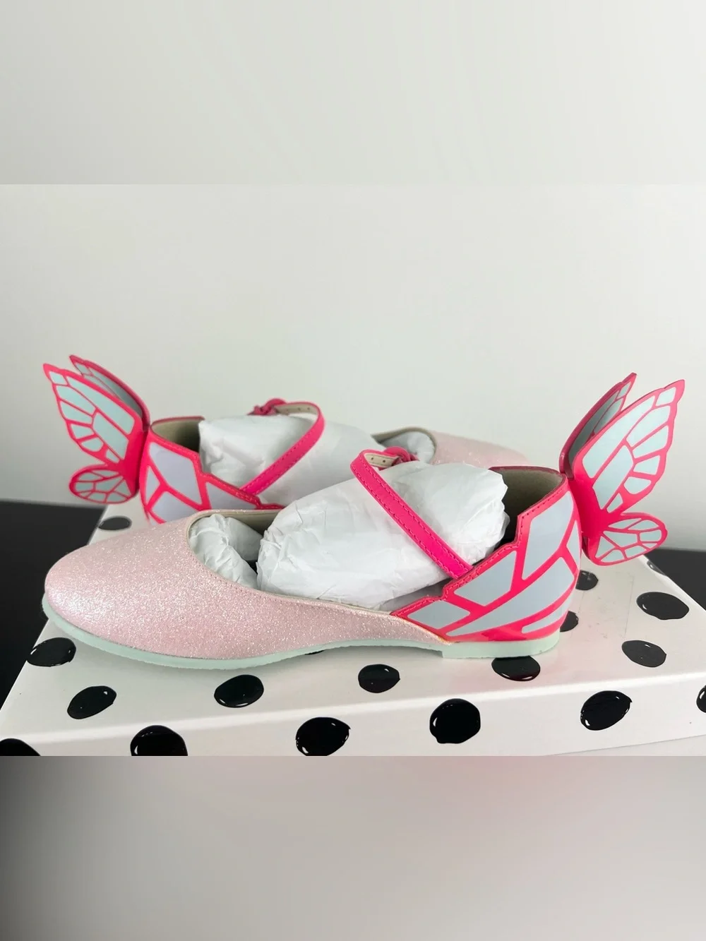 Sophie Webster Mini Chiara Pink Glitter Butterfly Mary Jane Flats, Pink, 33 EU